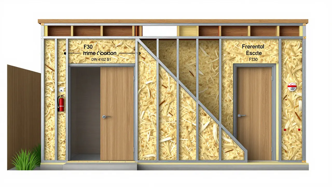 Schnittansicht eines brandschutzkonformen Kellers mit zwei Fluchtwegen und zertifizierten Materialien.