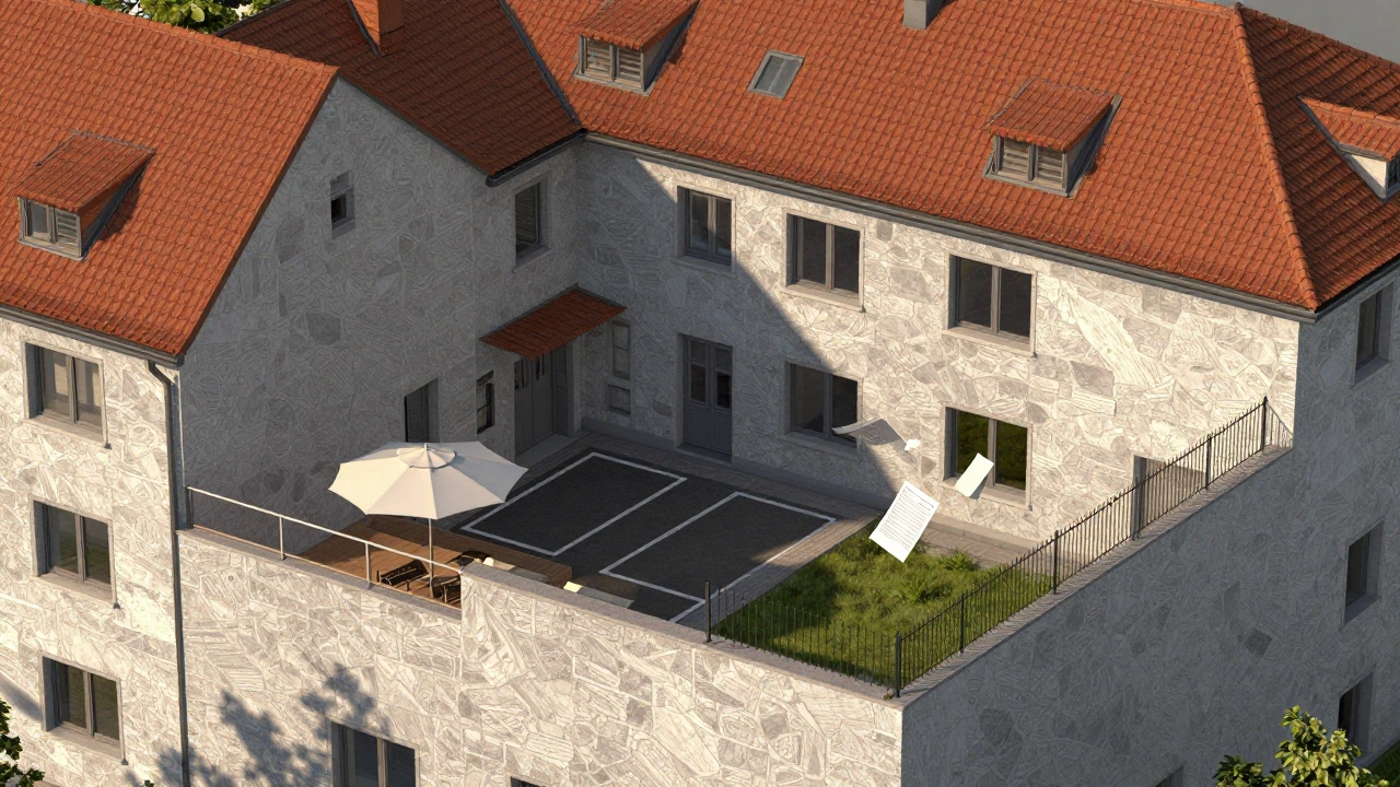 Schnittansicht eines Mehrfamilienhauses mit gekennzeichneten Sondernutzungsflächen für Garten, Stellplatz und Terrasse.