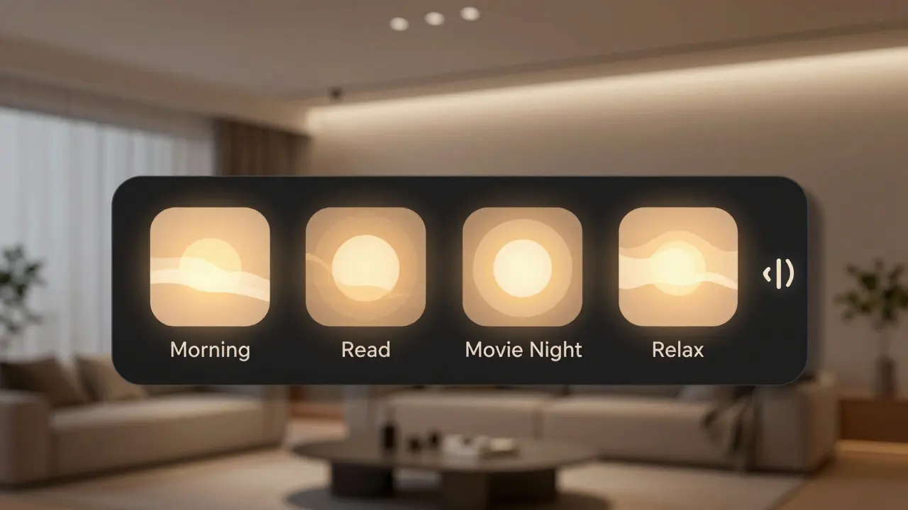 Smartes Lichtsteuerungspanel mit vier Szenen-Icons in warmen Farben für Morgen, Lesen, Filmabend und Entspannung.