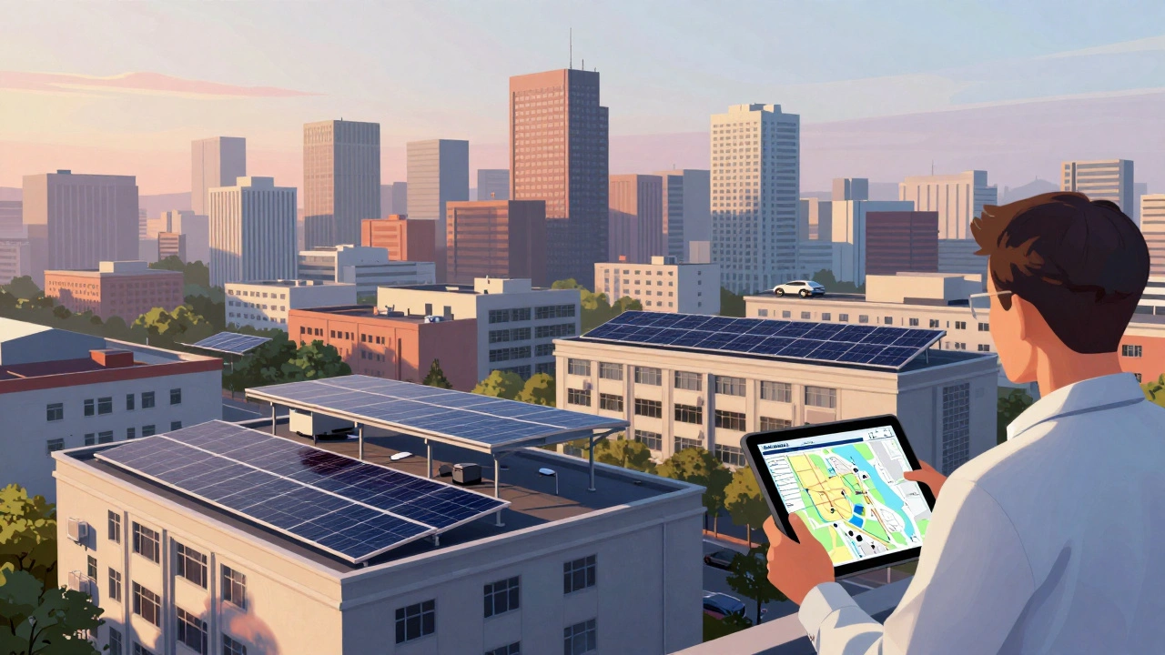 Stadtsilhouette mit verschiedenen Gebäuden, die Solaranlagen auf Dächern und Carports tragen, bei morgendlichem Licht.