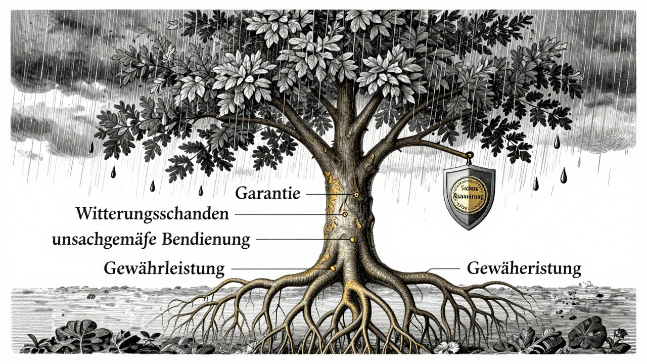 Symbolischer Baum mit Wurzeln der Gewährleistung und zerbrechlichen Garantie-Ästen unter einem Sturm.