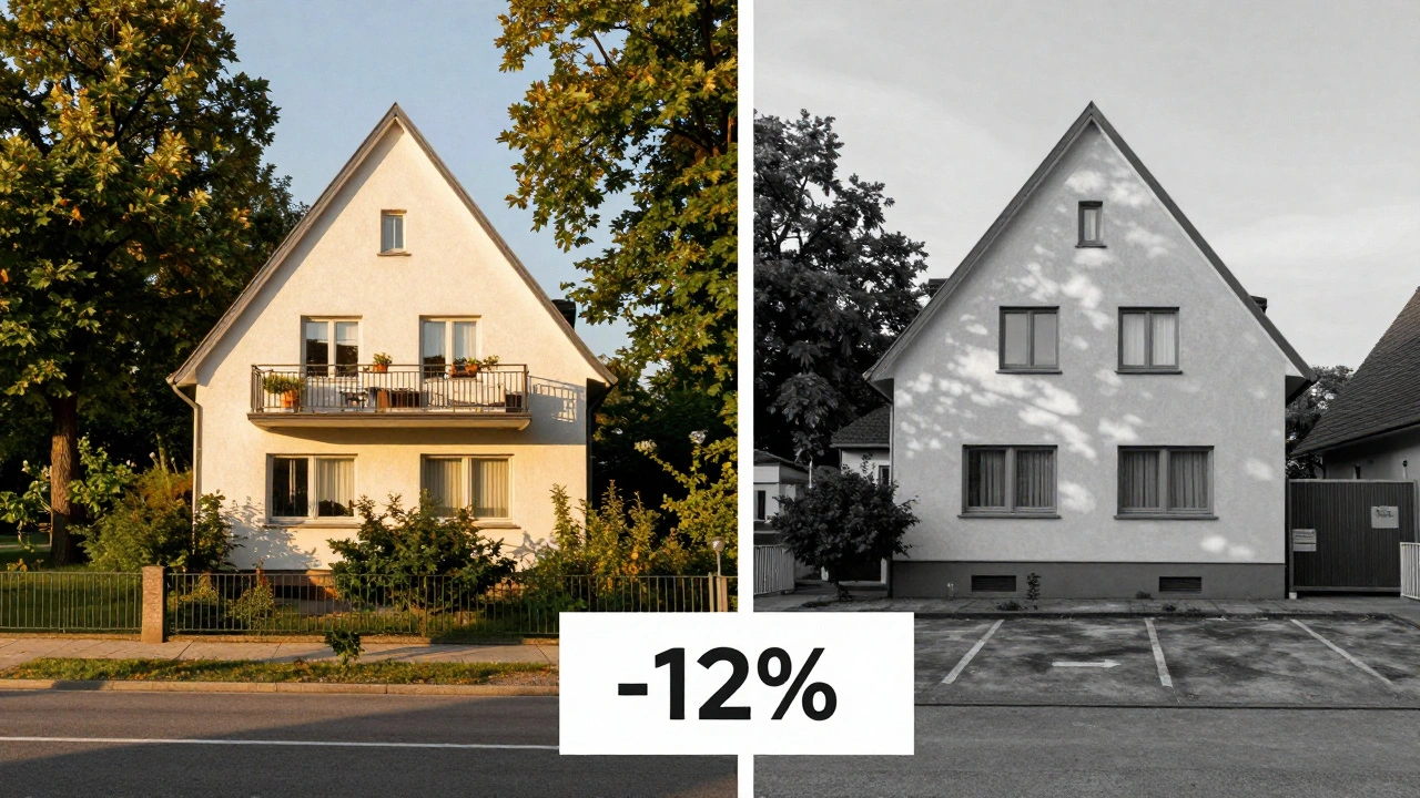 Two identical houses on the same street: one with sunny south-facing view of a park, the other with north-facing view of a parking lot.