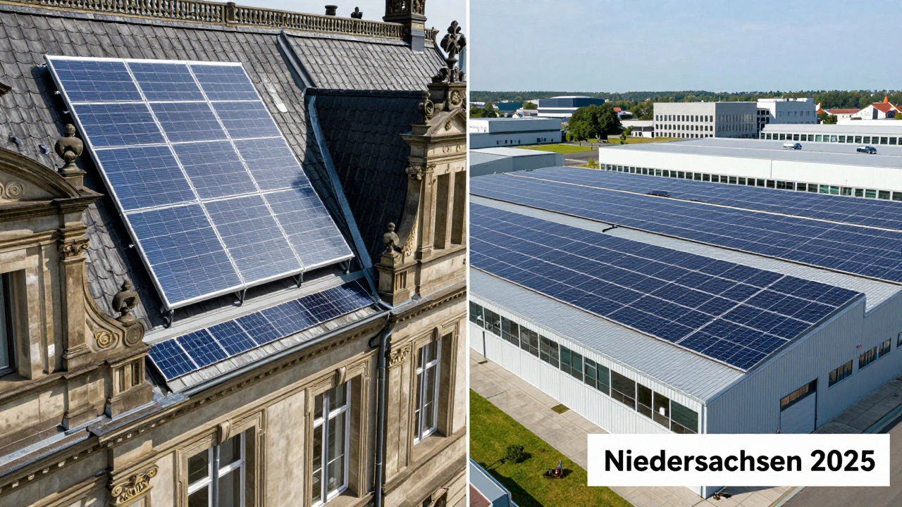 Vergleich: Historisches Gebäude mit diskreten Solarfolien und modernes Lager mit großen Photovoltaik-Modulen.