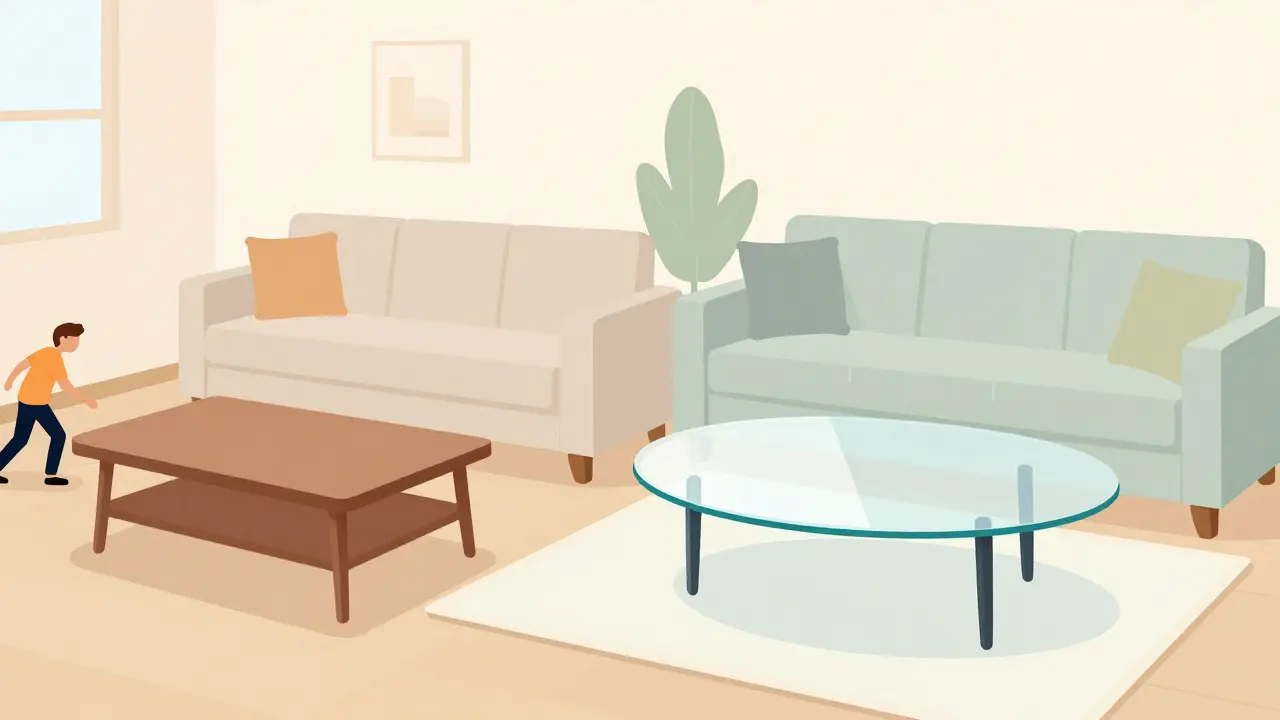 Vergleich: Überladener Couchtisch links, leichter Glas-Tisch rechts – wie die richtige Größe den Raum größer wirken lässt.