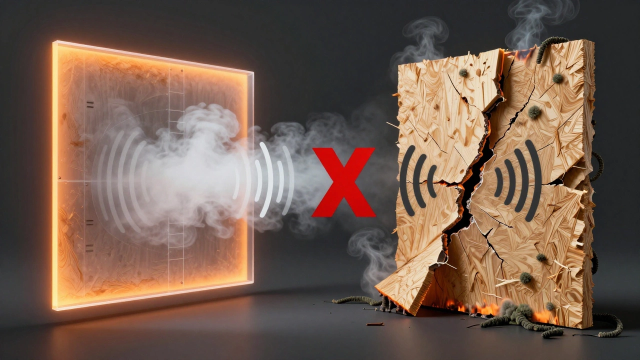 Vergleich von Gipskarton (feuchtigkeitsregulierend) und Sperrholz (verrottet und brennend).