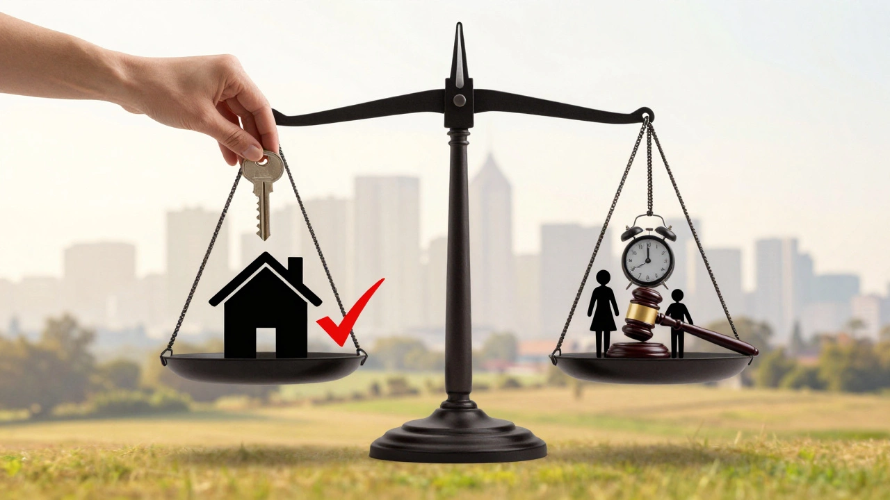 Waage mit Immobilien- und Rechtssymbolen, darunter städtische und ländliche Silhouetten.