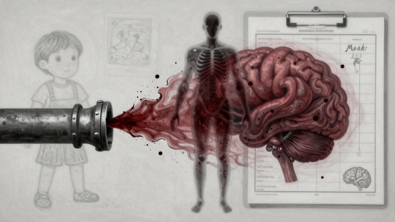 Zerfallendes Bleirohr verwandelt sich in eine menschliche Silhouette mit giftigen Partikeln im Körper.