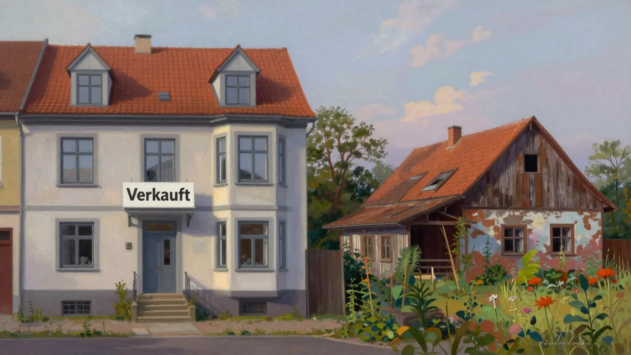 Contrast between a renovated urban home and a declining rural house in Germany.