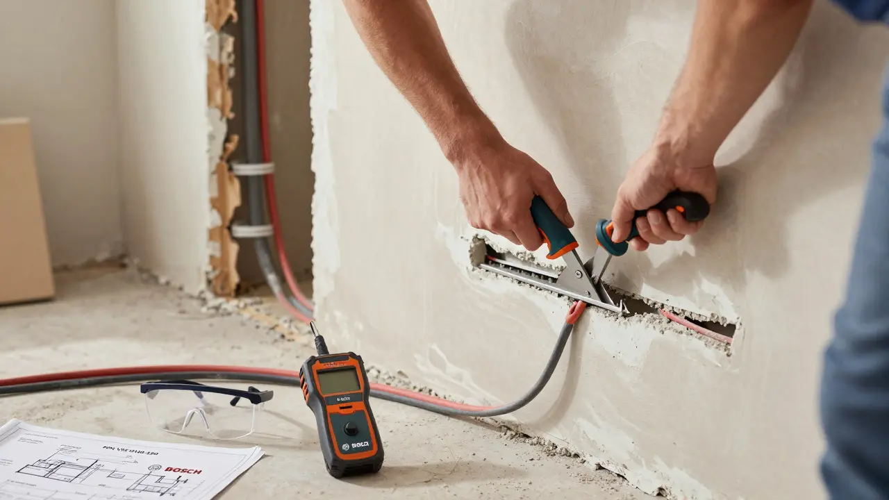 DIY-Handwerker schneidet mit Mauernutfräse Kanäle für neue Kabel in einer Wand während einer Sanierung.