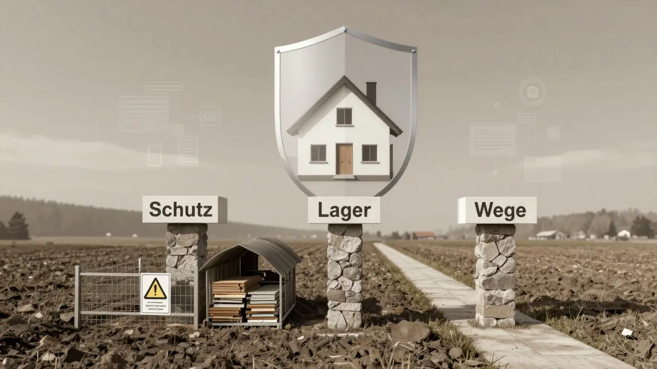 Drei Säulen der Baustellensicherheit: Schutz, Lager und Wege als symbolische Darstellung.