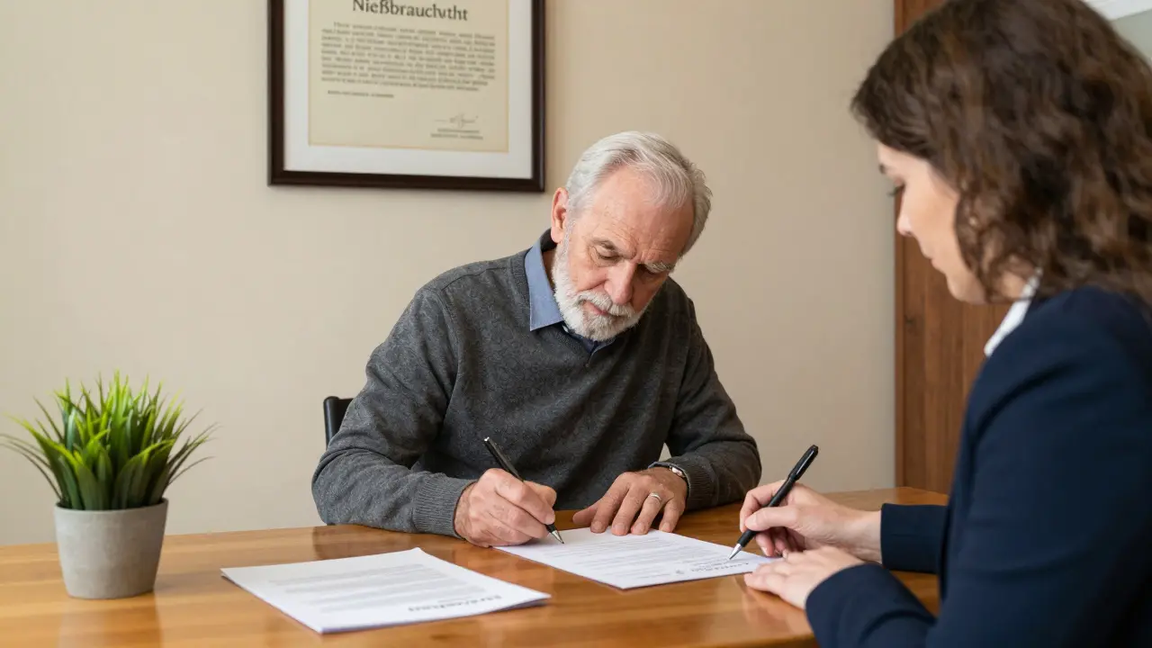 Ehepaar unterschreibt ein Testament mit Notar, Nießbrauchsrecht als zentrales Element der Regelung.