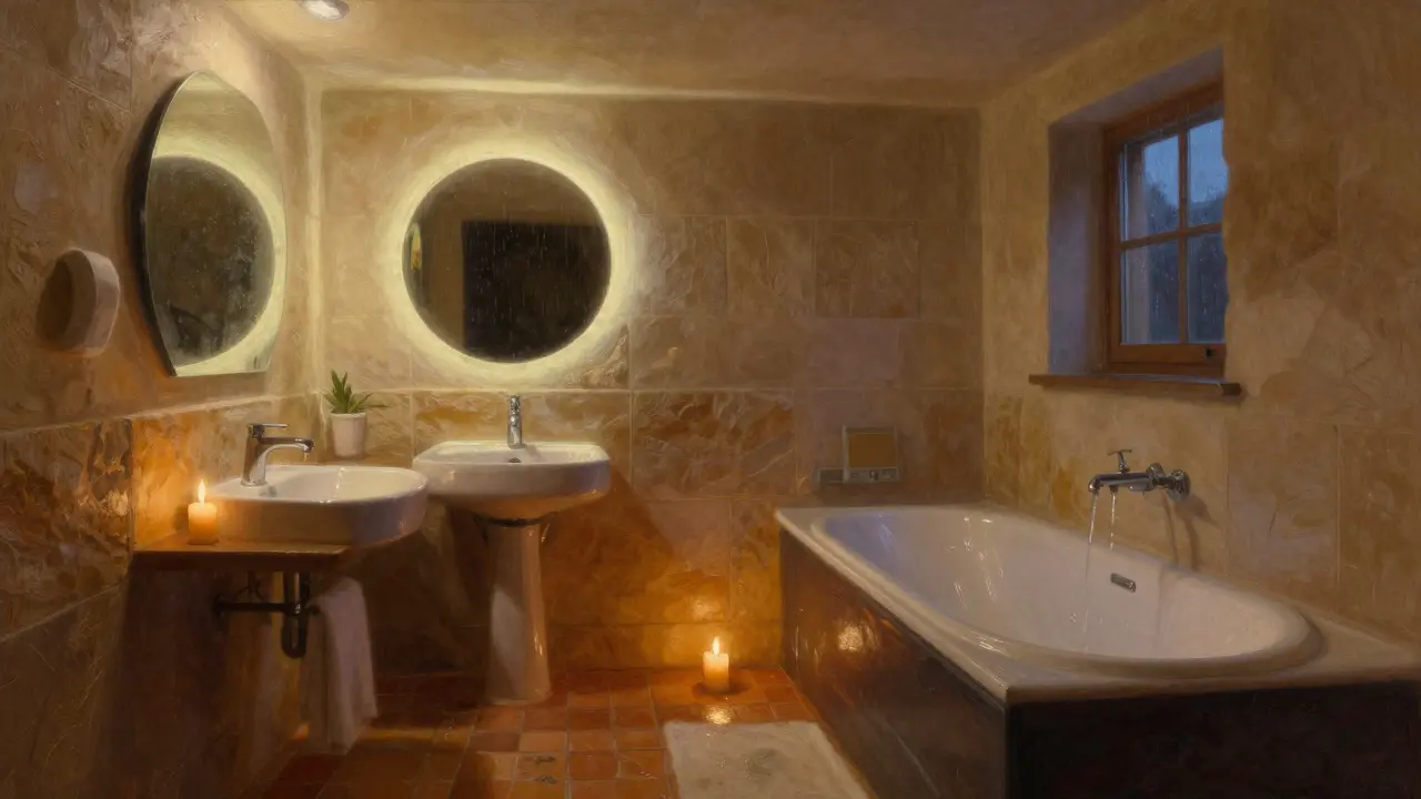 Ein kleines Badezimmer bei Dämmerung mit Lichtkuppel, Kerzenlicht und Naturstein, das eine meditative Atmosphäre ausstrahlt.