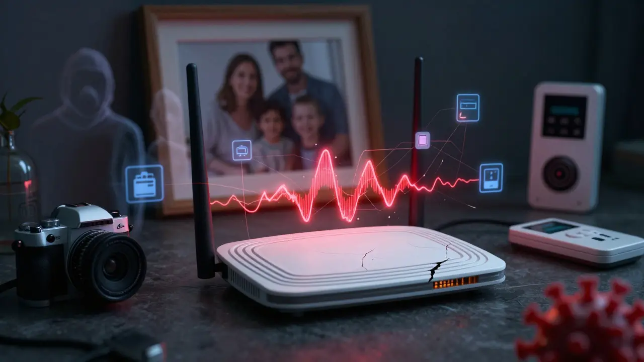 Ein WLAN-Router mit einem pulsierenden roten digitalen Virus, der sich in Netzwerkleitungen zu Smart-Geräten ausbreitet, während Hacker-Silhouetten im Hintergrund erscheinen.
