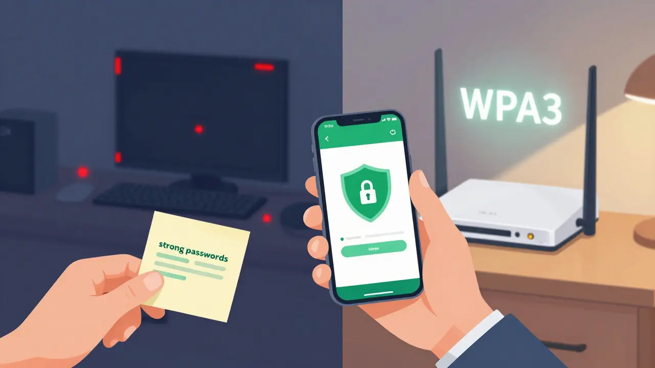 Eine Hand legt ein starkes Passwort neben einen Router, während rechts ein sicheres Zuhause und links ein gehacktes System dargestellt sind.