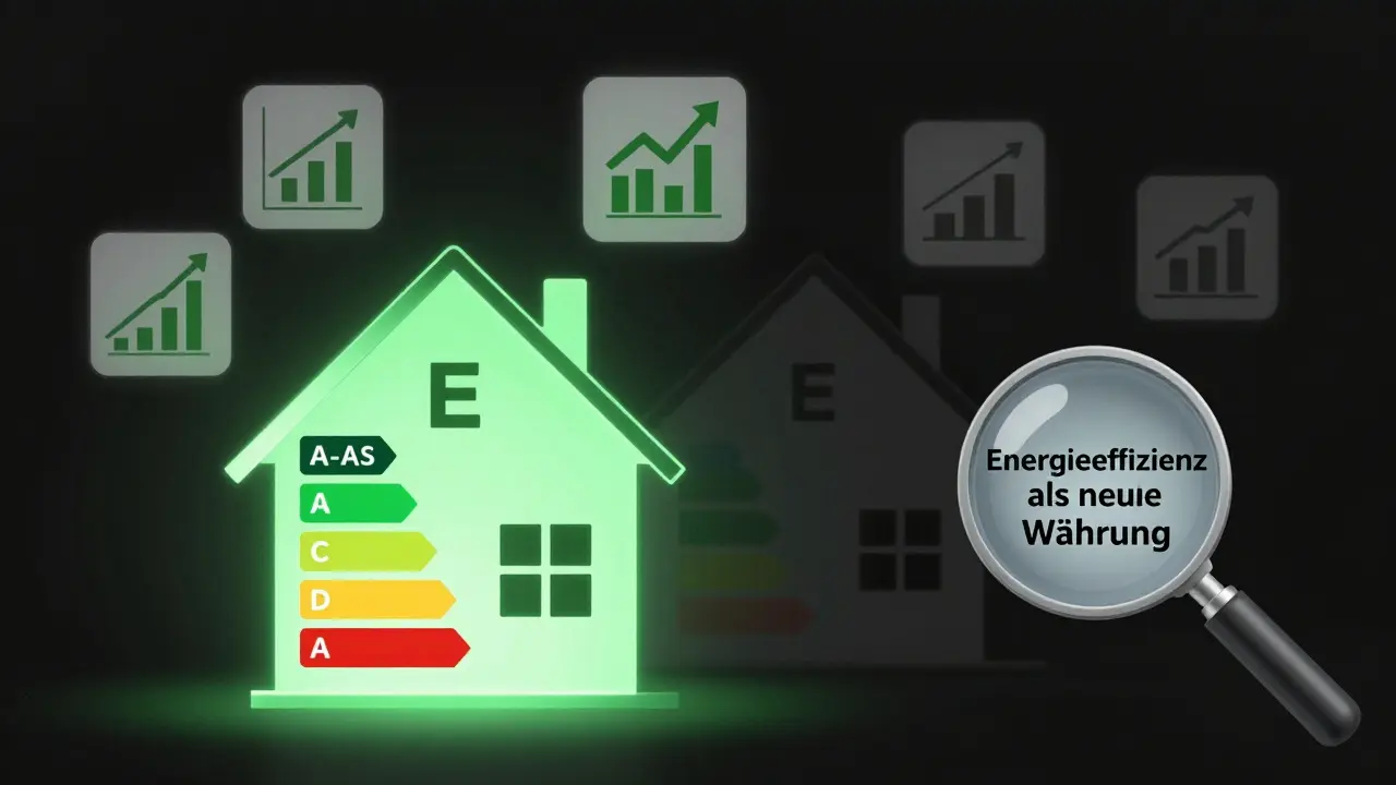 Energieklasse-A-Haus mit grünem Lichtstrahl, während ein E-Klasse-Haus im Schatten verschwindet, umgeben von Marktsignalen wie Zinsen und Baugenehmigungen.