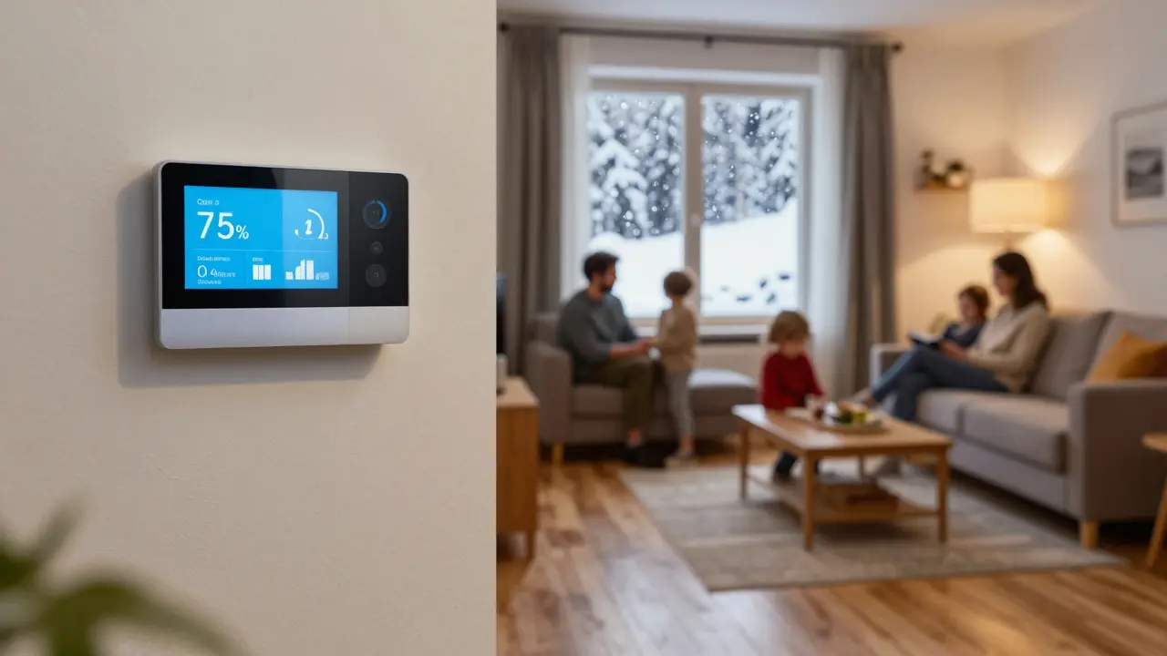 Gemütliches Wohnzimmer mit Fußbodenheizung und smartem Thermostat, Familie entspannt bei Schneefall.