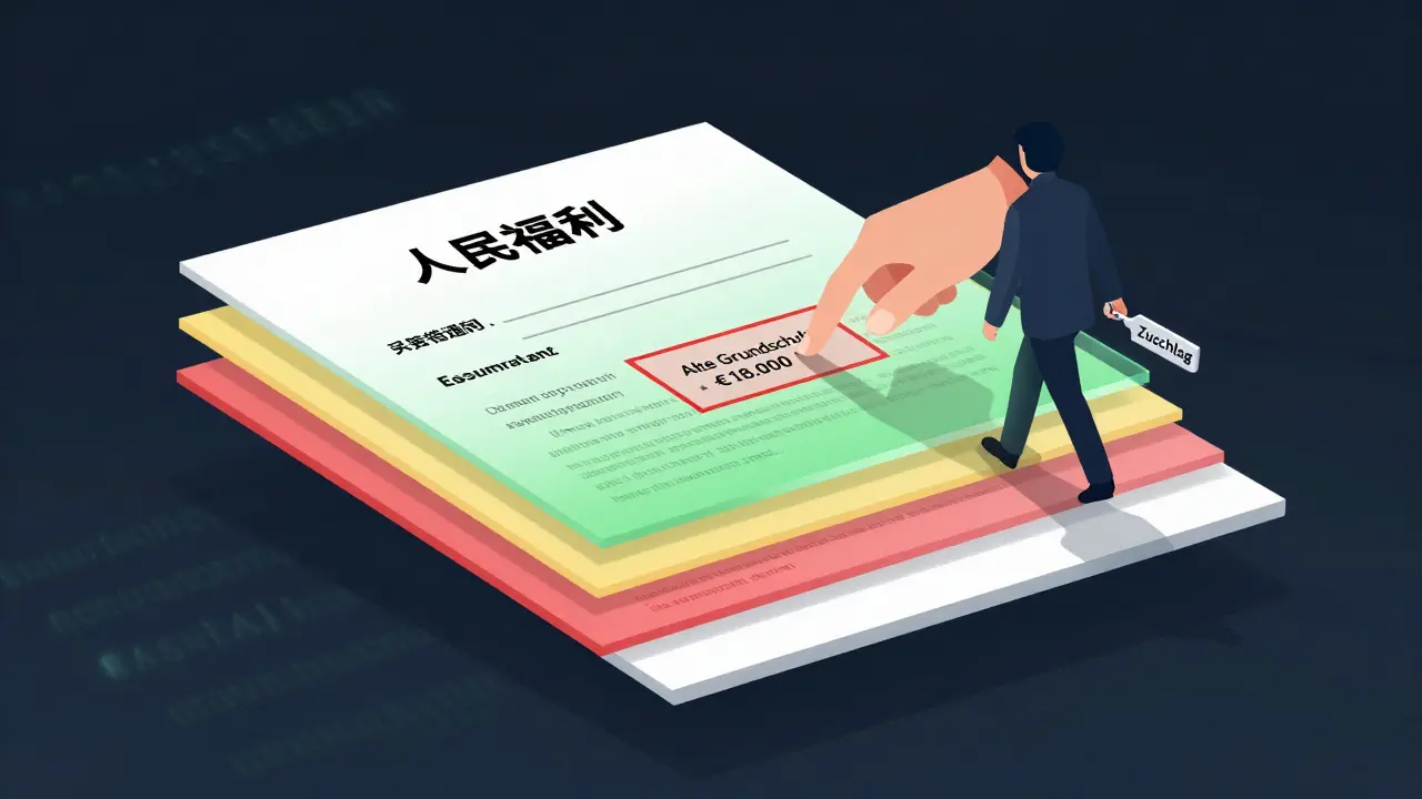 Grundbuch mit versteckter Grundschuld als roter Last, während ein Schlüssel abgelegt wird.