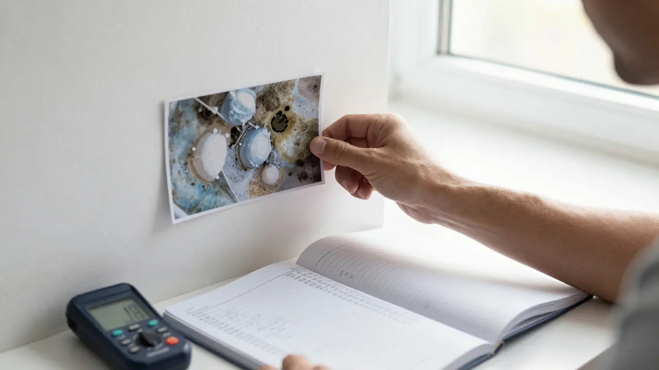 Hand legt ein datiertes Foto von Schimmel neben ein Lüftungstagebuch mit Messwerten.
