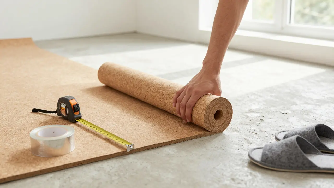Hände legen recycelte Korkdämmung auf einen ebenen Estrich, mit Klebeband und Filzschuhen.