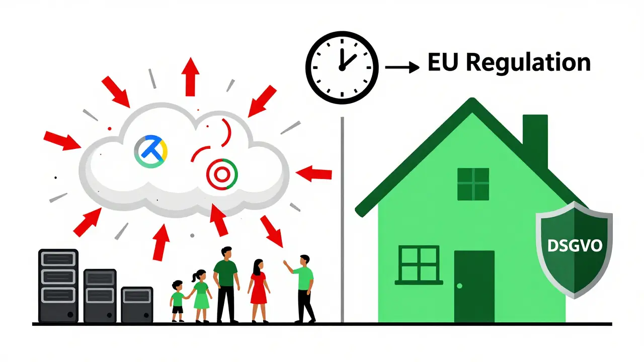 Haus im Vergleich: linke Seite mit Datenklau durch Cloud-Dienste, rechte Seite mit sicheren Matter-Geräten und lokaler Verarbeitung.