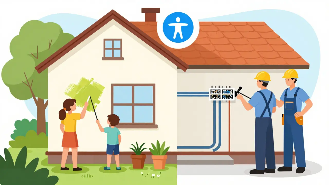 Haus in zwei Hälften: links DIY-Arbeiten, rechts Facharbeiten mit Sicherheitsausrüstung.