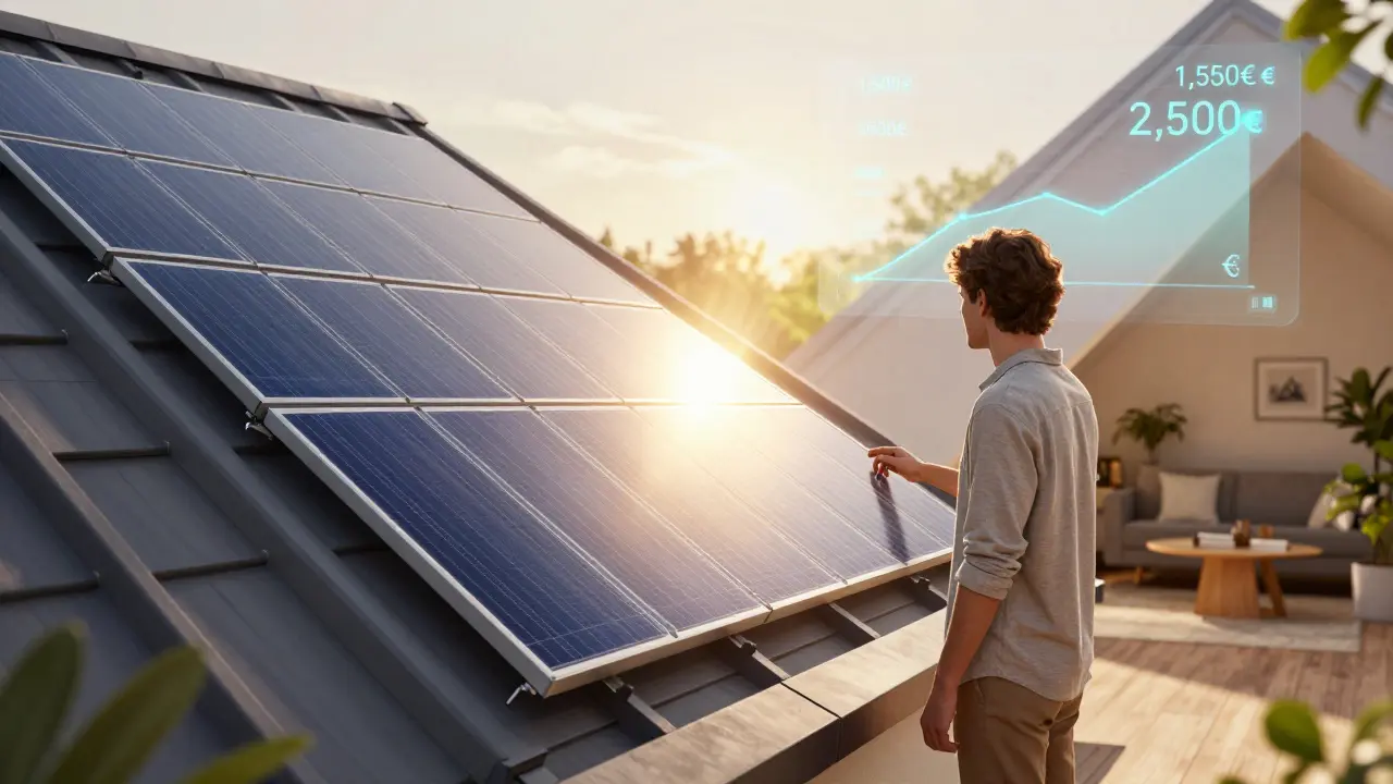 Hausbesitzer vor einem smarten Dachfenster mit integrierter Photovoltaik, das sich automatisch abdunkelt, während Energieeinsparungen digital angezeigt werden.
