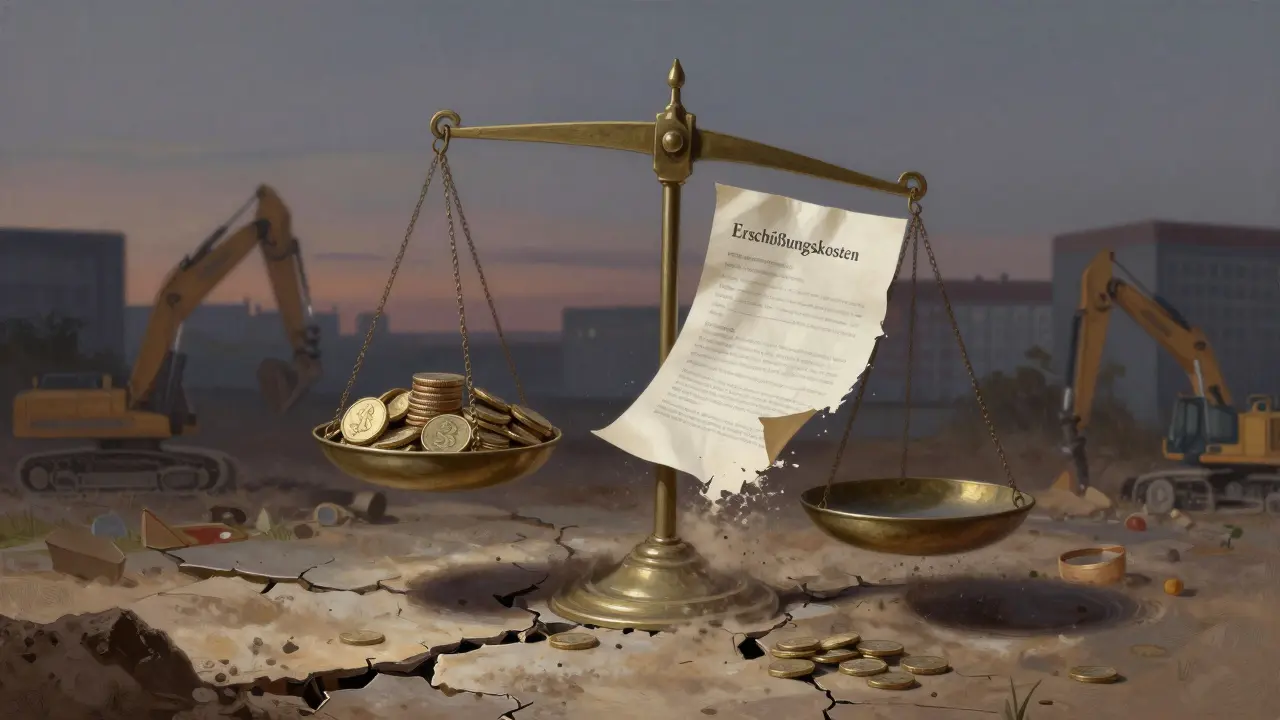 Hausfundament auf einer instabilen Waage, belastet mit Erschließungskosten, die in Nichts zerfallen.