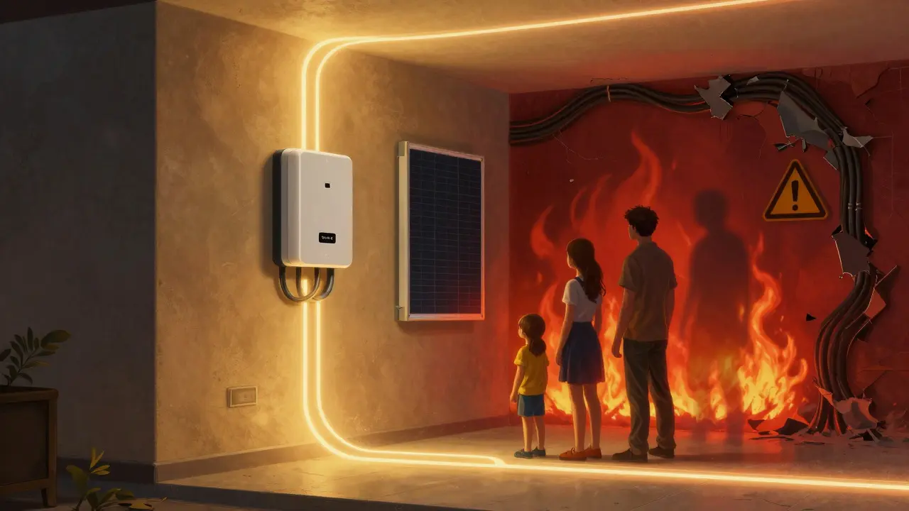 Kontrast zwischen sicheren modernen Elektroleitungen und veralteten, gefährlichen Kabeln in einem Wohnhaus.