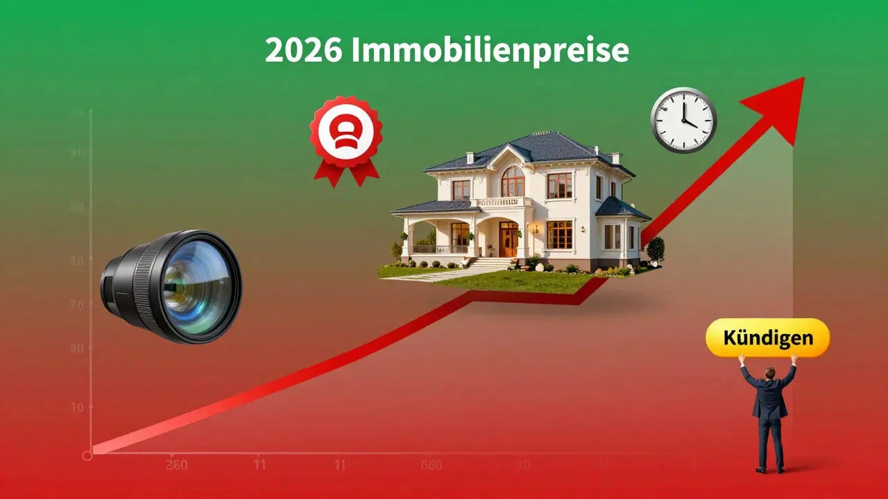 Kostenentwicklung für Immobilienanzeigen 2026 mit Luxusvilla, 360°-Rundgang und Erinnerungsalarm.