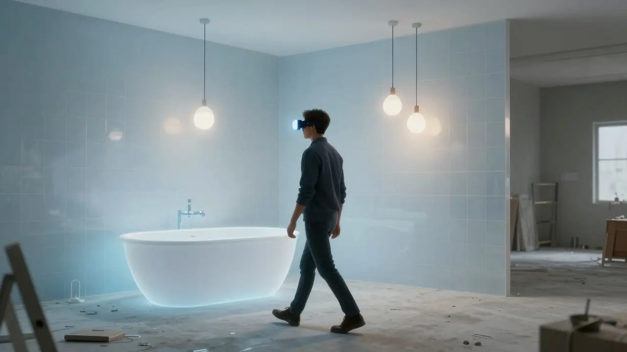 Mensch mit AR-Brille betrachtet virtuelle Bad-Elemente, die sich in den unfertigen Raum einfügen.