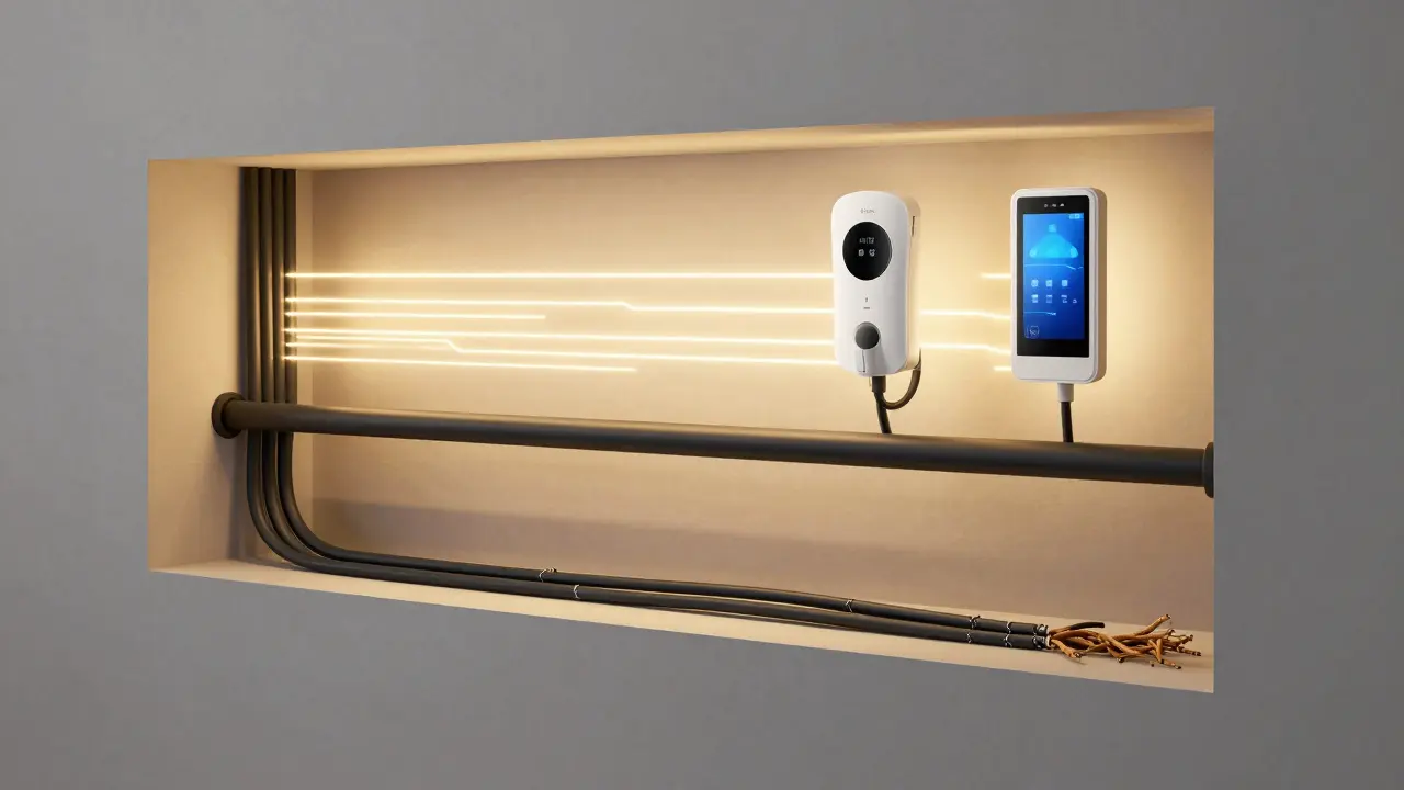 Querschnitt einer Wand mit alten, modernen und zukunftssicheren Leitungen, die E-Auto-Ladung und Smart Home unterstützen.