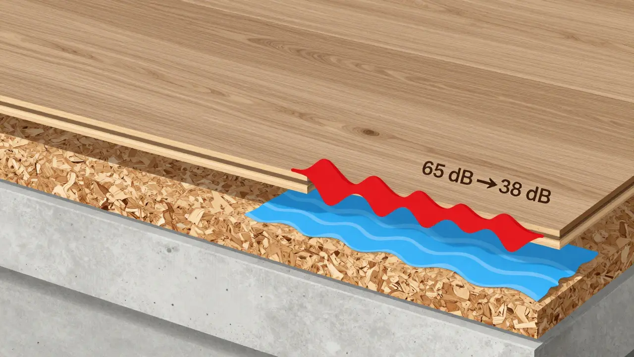 Querschnitt eines Fußbodens mit Schalldämmung aus Kork, die Lärm von 65 auf 38 dB reduziert.