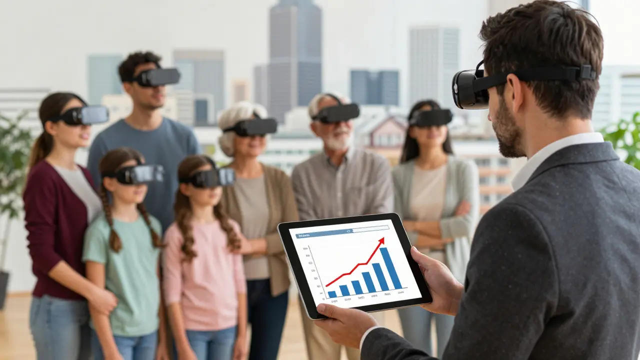 Real estate agent showing property data to buyers using augmented reality in a city setting.