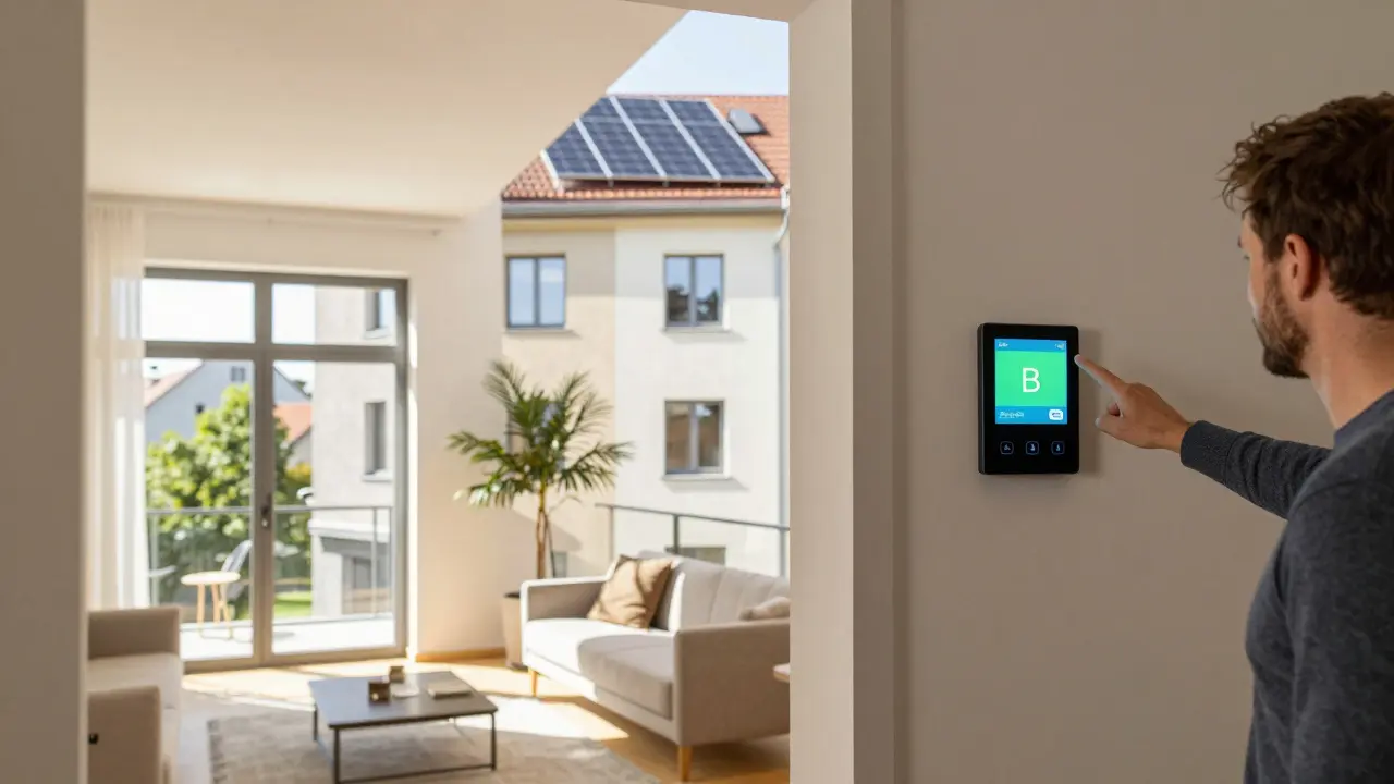 Renovierte Wohnung aus den 80er Jahren mit modernen Fenstern, Dämmung und Photovoltaik, Sonnenlicht im Wohnzimmer, Energieausweis an der Wand.