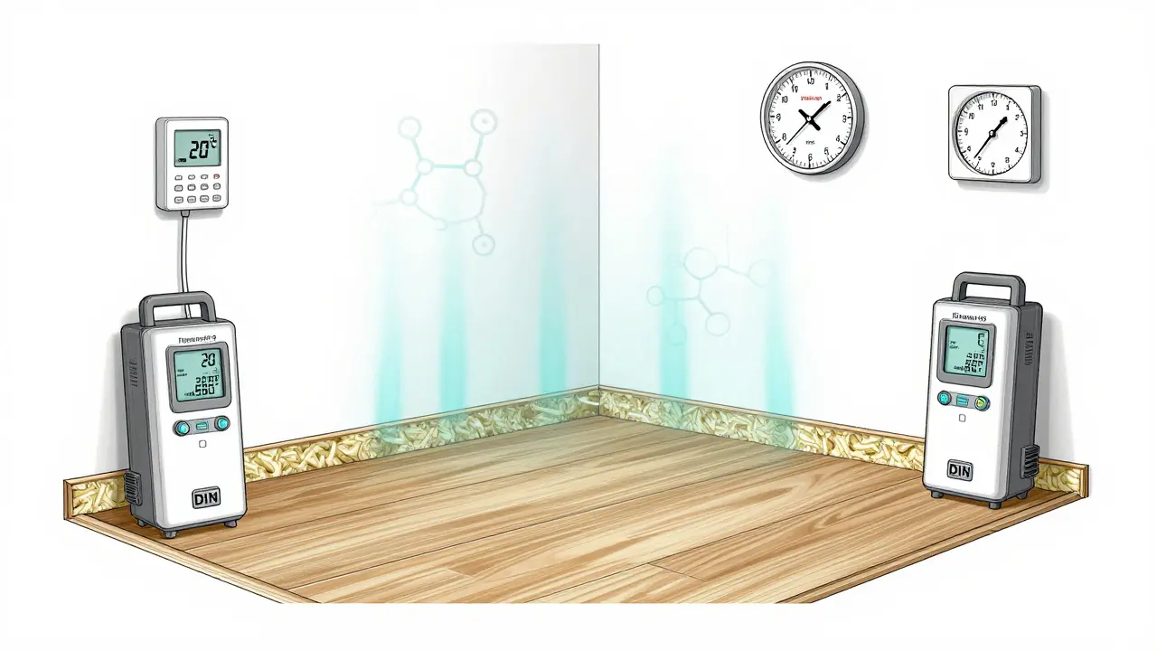 Technische Darstellung einer DIN ISO 16000-6 Luftmessung mit drei Messgeräten in verschiedenen Raumpositionen.