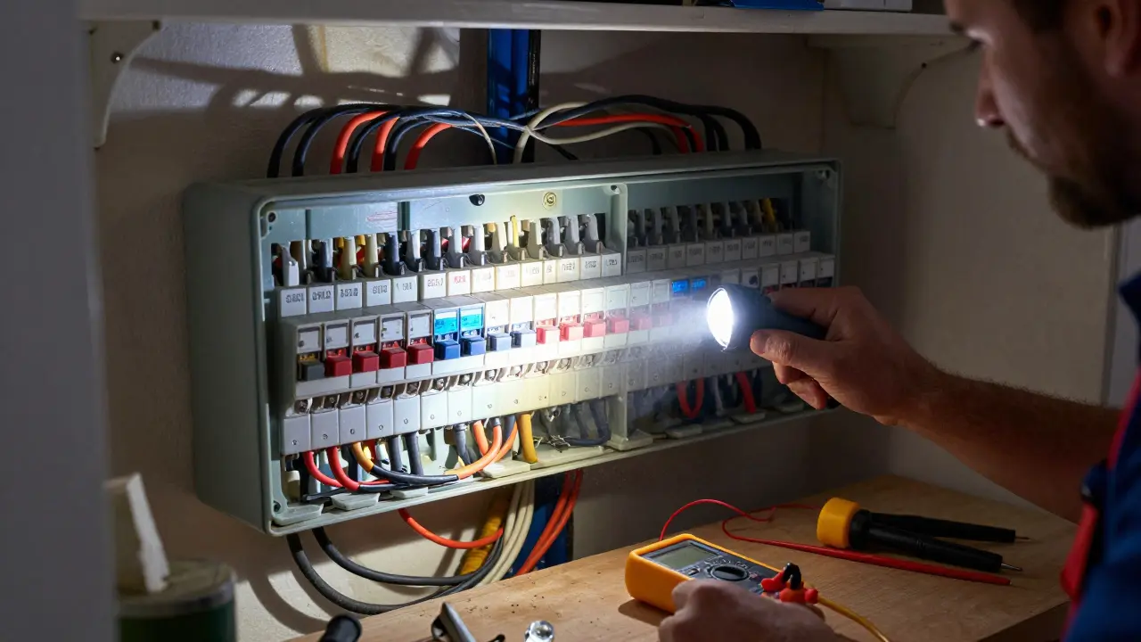 Überfüllter Sicherungskasten mit veralteten Sicherungen und lose liegenden Kabeln in einem österreichischen Haus.