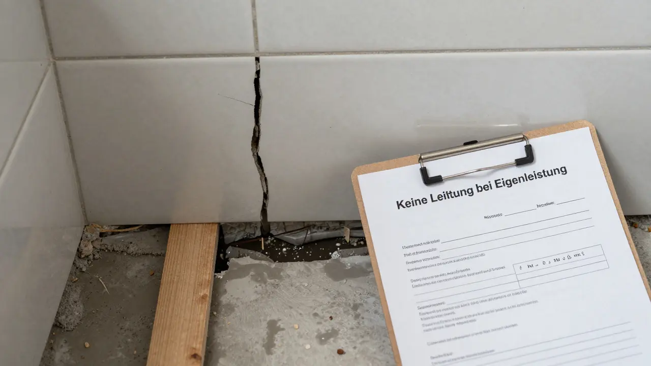 Undichte Fliesen im Badezimmer mit Wasserleck und Versicherungsbrief mit Ablehnung.