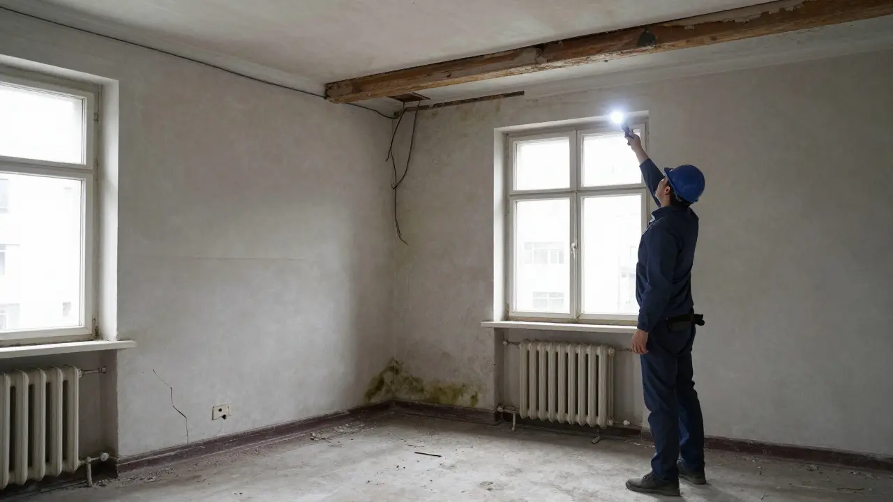 Verfallene Wohnung mit Schimmel, kaputten Leitungen und baufälliger Decke, untersucht von einem Gutachter.