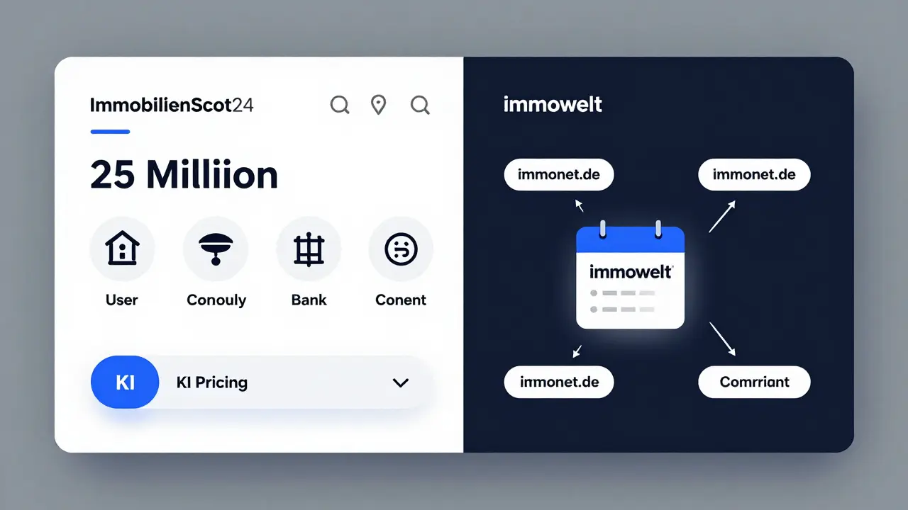 Vergleich der Benutzeroberflächen von ImmobilienScout24 und Immowelt mit Nutzerzahlen und Bankintegration.