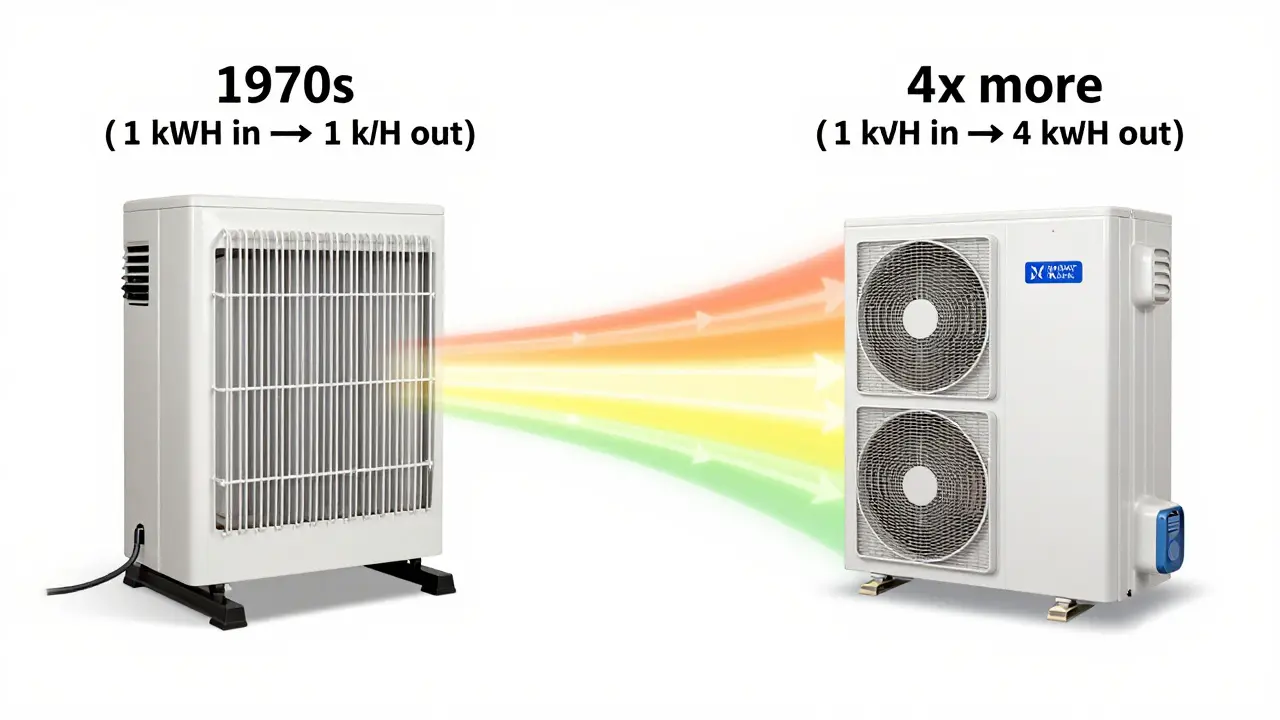 Vergleich der Energieeffizienz: alte Nachtspeicherheizung (1:1) vs. moderne Wärmepumpe (1:4) mit thermischen Energieflüssen.