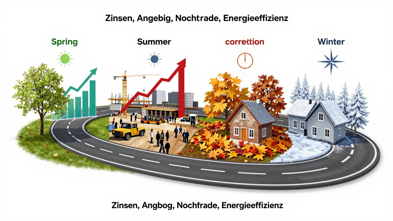 Vier-Phasen-Immobilienzyklus als Jahreszeitenweg mit wirtschaftlichen Indikatoren, dargestellt als malerische Landschaft mit symbolischen Graphen und Symbolen.