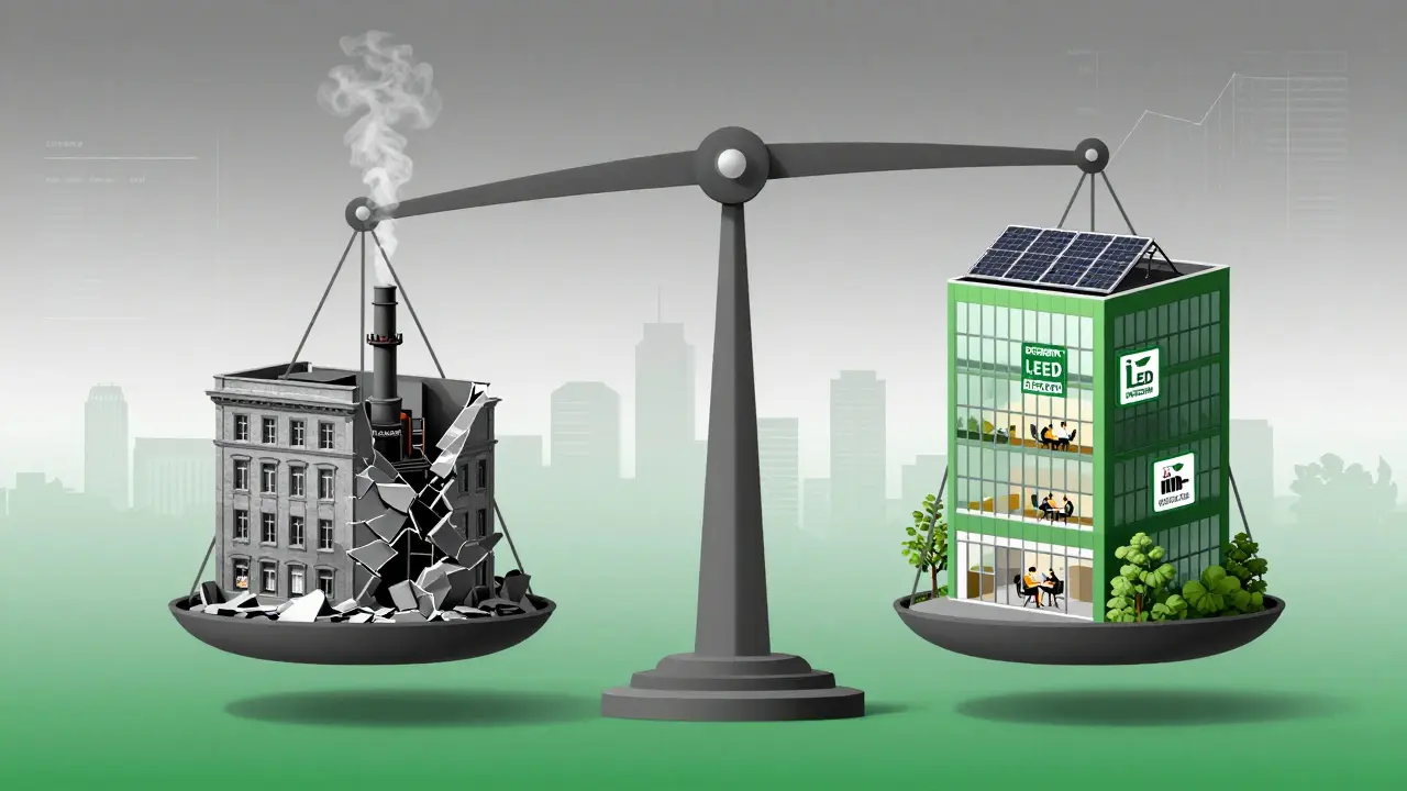 Waage mit altem, schmutzigem Gebäude auf einer Seite und grünem, nachhaltigem Bürogebäude auf der anderen, symbolisiert ESG-Wertunterschied.