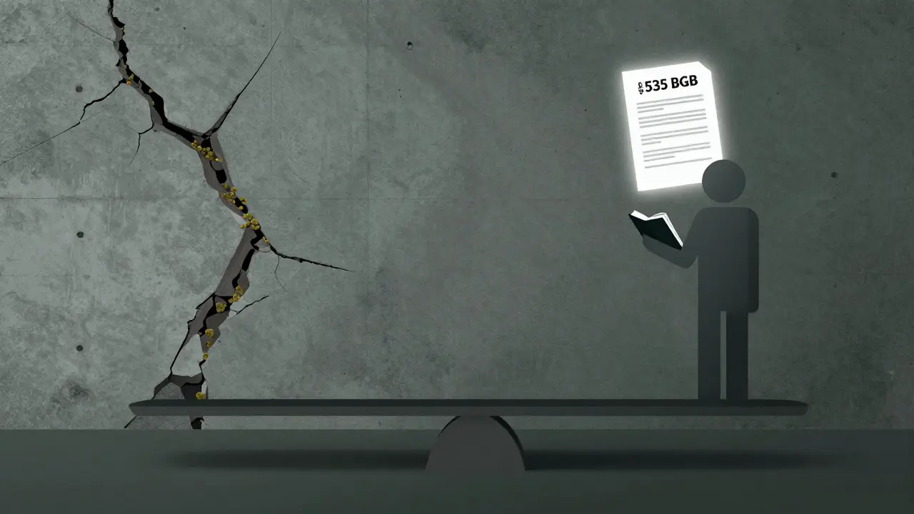 Waage mit beschädigter Wand auf einer Seite und Mieter mit Lüftungsdokumenten auf der anderen.