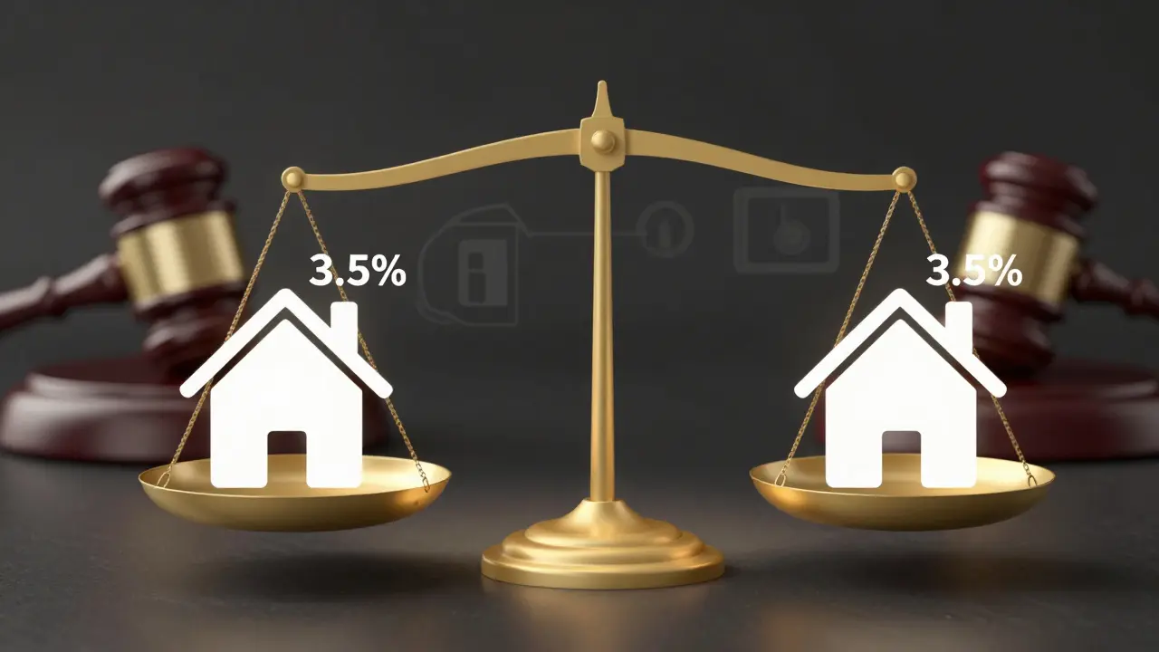 Waage mit zwei Häusern, die jeweils 3,5 % Maklerprovision tragen – Symbol für die gesetzliche 50/50-Regel.