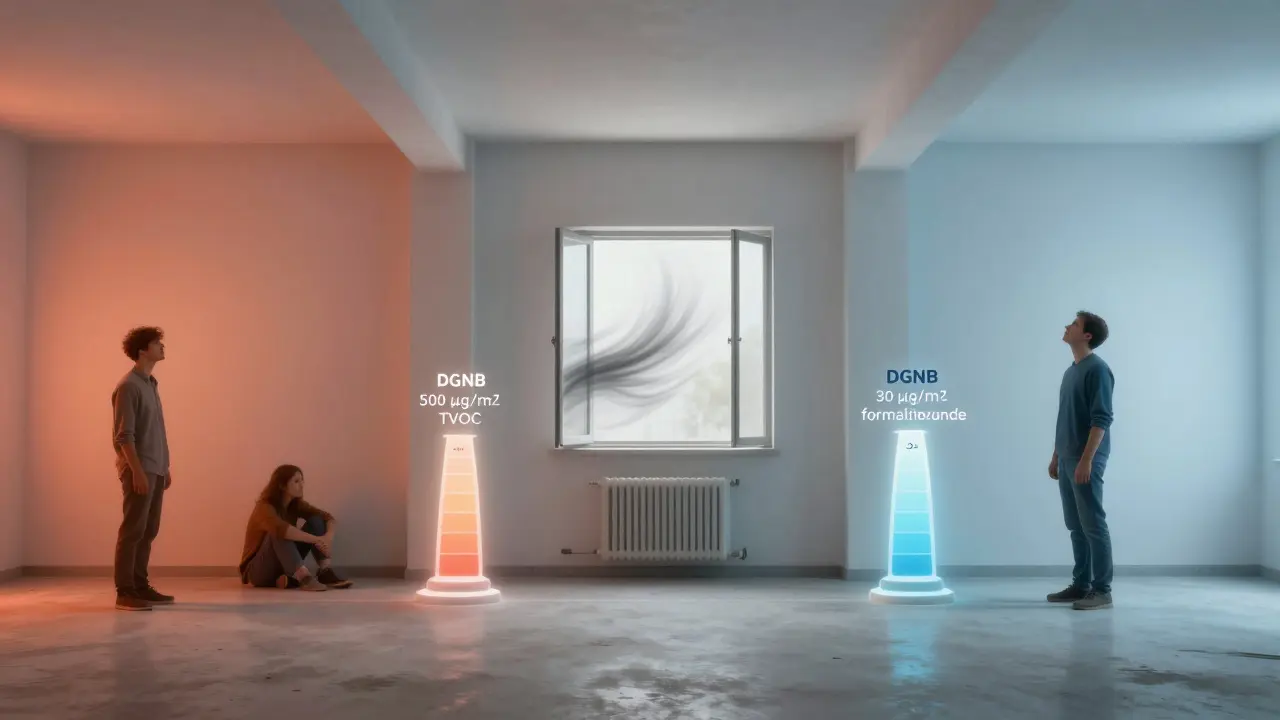Zeitliche Entwicklung der Innenraumluftqualität nach Sanierung: von verschmutzt über lüften bis zu sauberer Luft.