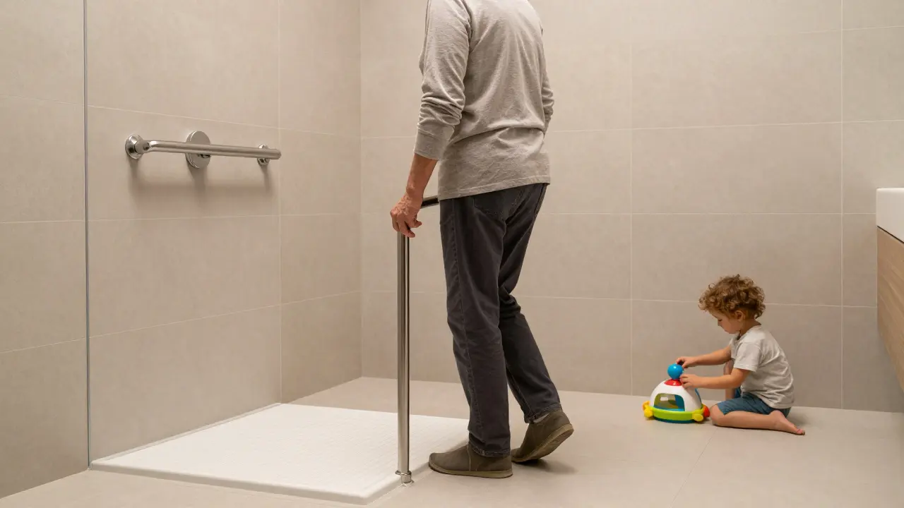 Älterer Mensch sicher in einer barrierefreien Dusche mit Haltegriff, Kind spielt daneben.