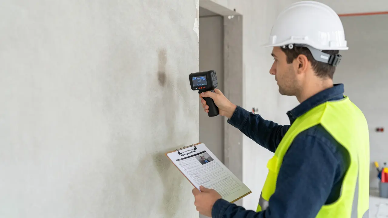 Bauexperte mit Wärmebildkamera, der einen verdeckten Feuchteschaden hinter einer Wand untersucht.