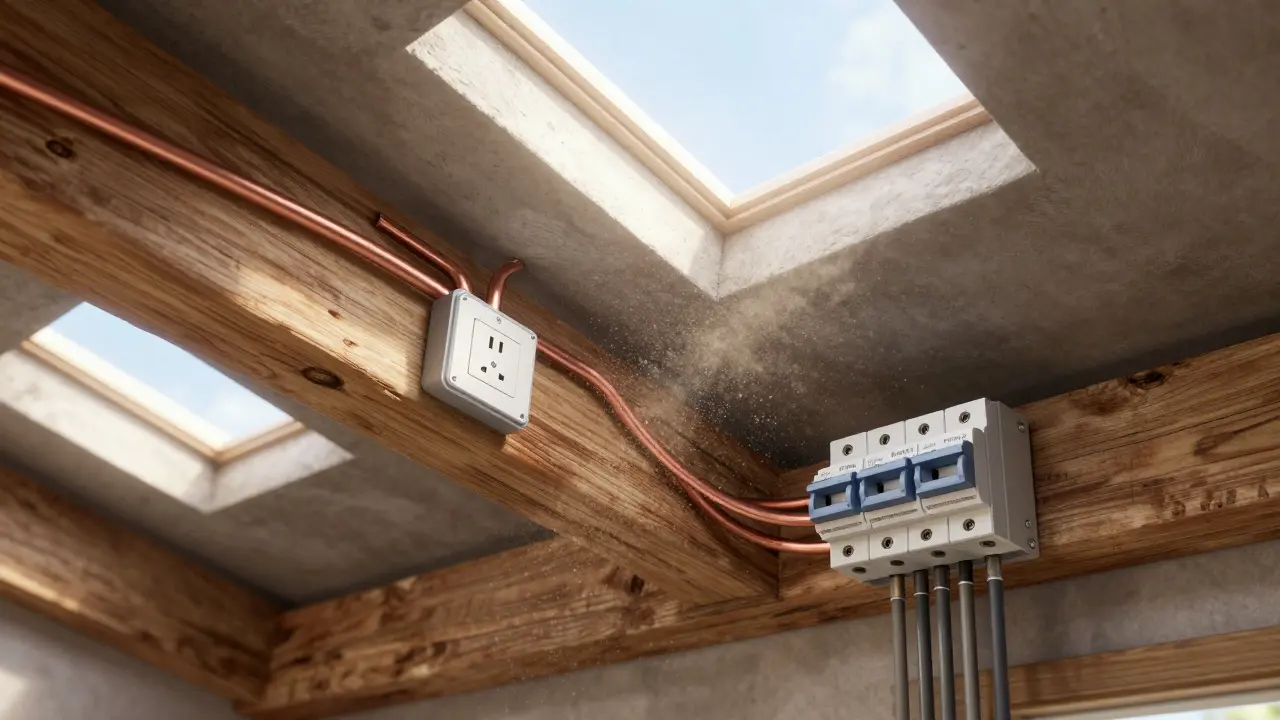 Dachboden mit IP54-Steckdose, 6 mm² Kabel in Kabelkanal und Verteilerkasten an Holzbalken.