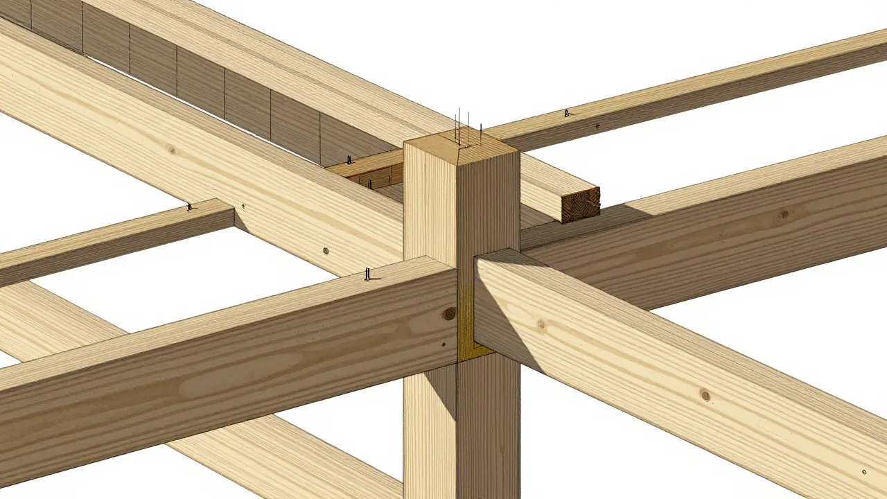 Detaillierte Darstellung von Sparren, Pfetten und Stuhlpfosten in einer Dachkonstruktion.