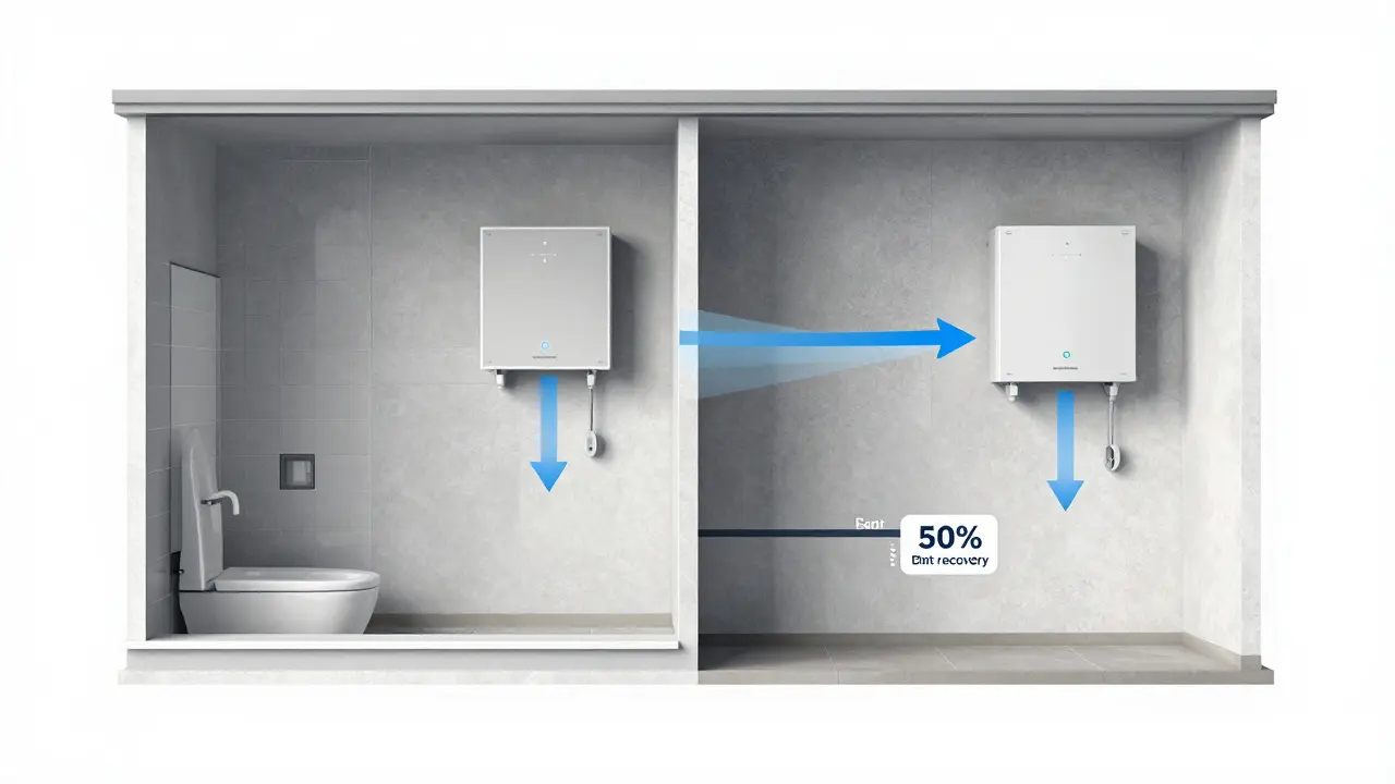 Dezentrale Lüftungsgeräte in einer Außenwand, Luftströme und Wärmerückgewinnung als schematische Pfeile dargestellt.